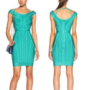Herve Leger Connie Bandage Dress Aqua‎ Jade Size Medium NWOT